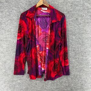 En Focus Top Women M Medium Red Floral Open Front Long Sleeve Casual Breathable